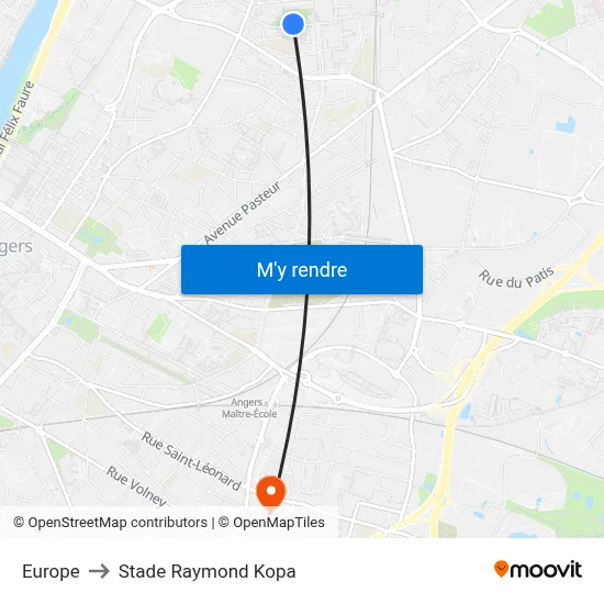 Europe to Stade Raymond Kopa map