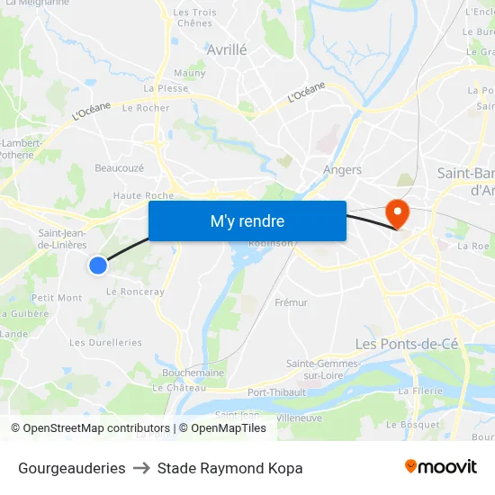 Gourgeauderies to Stade Raymond Kopa map