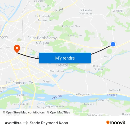 Avardière to Stade Raymond Kopa map