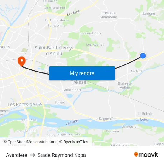 Avardière to Stade Raymond Kopa map