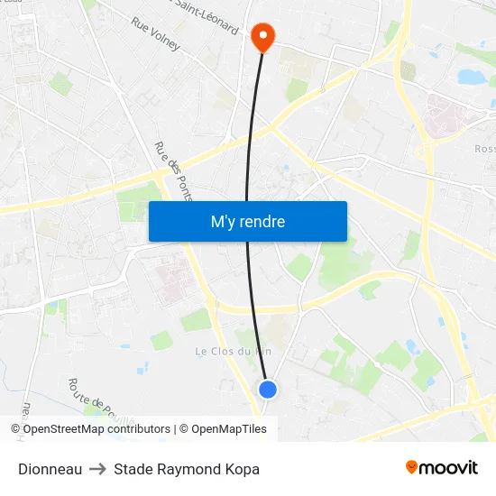 Dionneau to Stade Raymond Kopa map