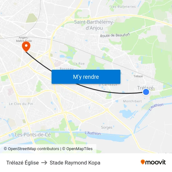 Trélazé Église to Stade Raymond Kopa map
