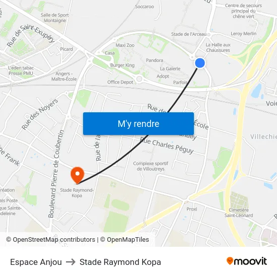 Espace Anjou to Stade Raymond Kopa map