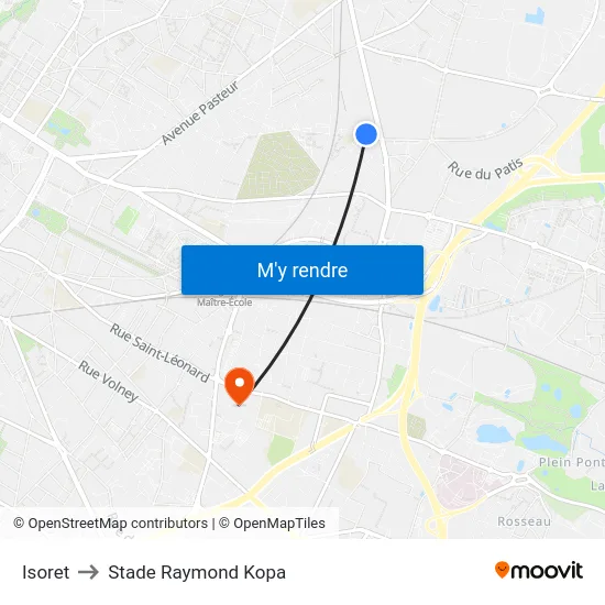 Isoret to Stade Raymond Kopa map