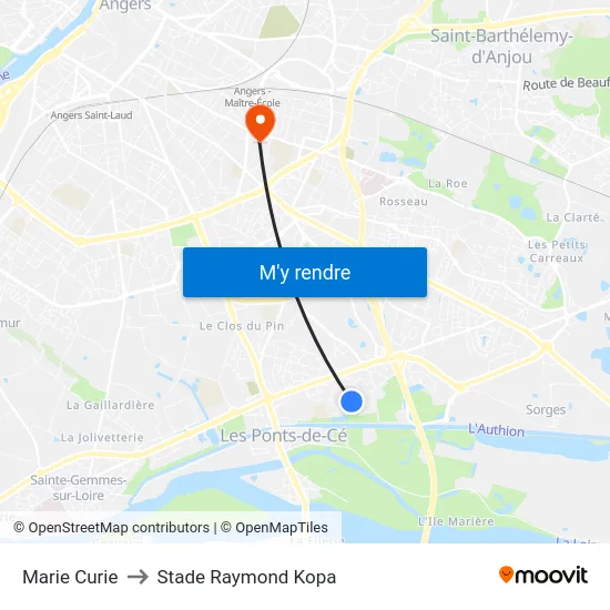 Marie Curie to Stade Raymond Kopa map