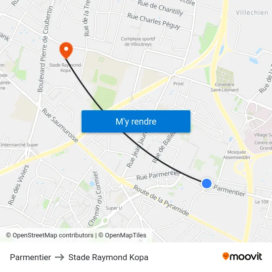Parmentier to Stade Raymond Kopa map