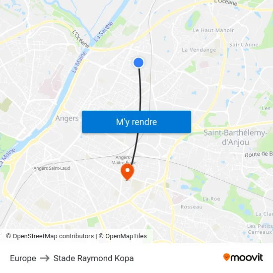 Europe to Stade Raymond Kopa map