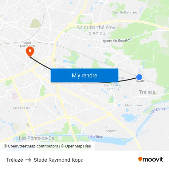 Trélazé to Stade Raymond Kopa map