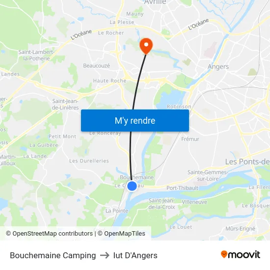 Bouchemaine Camping to Iut D'Angers map