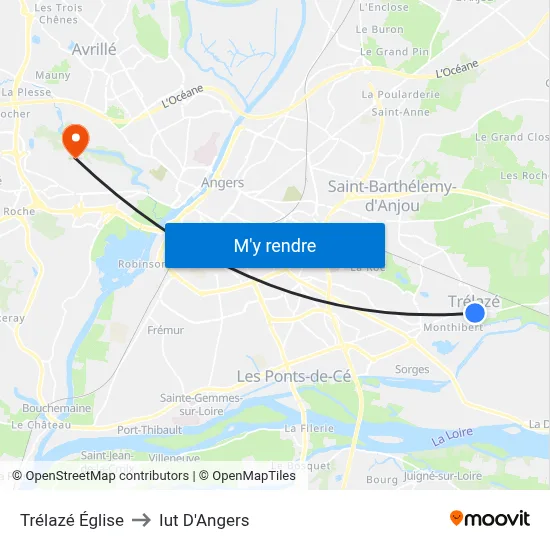 Trélazé Église to Iut D'Angers map