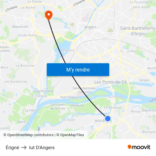 Érigné to Iut D'Angers map