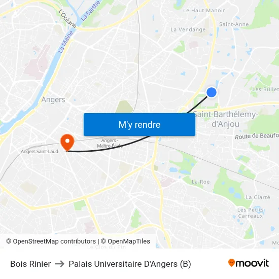 Bois Rinier to Palais Universitaire D'Angers (B) map