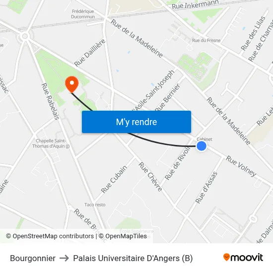 Bourgonnier to Palais Universitaire D'Angers (B) map