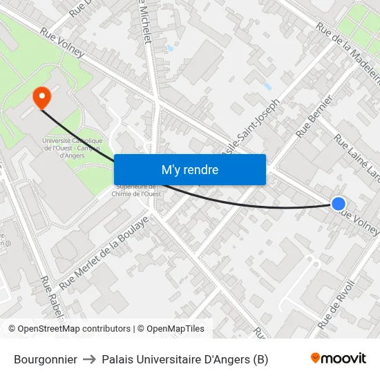 Bourgonnier to Palais Universitaire D'Angers (B) map