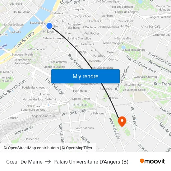Cœur De Maine to Palais Universitaire D'Angers (B) map