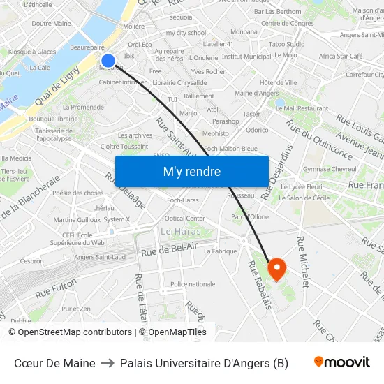 Cœur De Maine to Palais Universitaire D'Angers (B) map