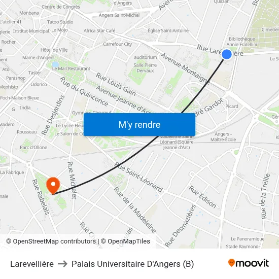 Larevellière to Palais Universitaire D'Angers (B) map