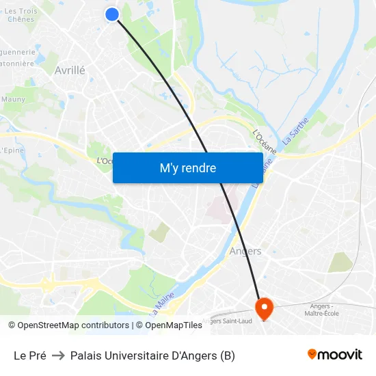 Le Pré to Palais Universitaire D'Angers (B) map