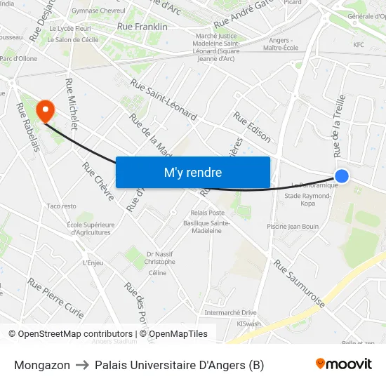 Mongazon to Palais Universitaire D'Angers (B) map
