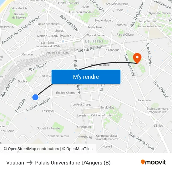 Vauban to Palais Universitaire D'Angers (B) map
