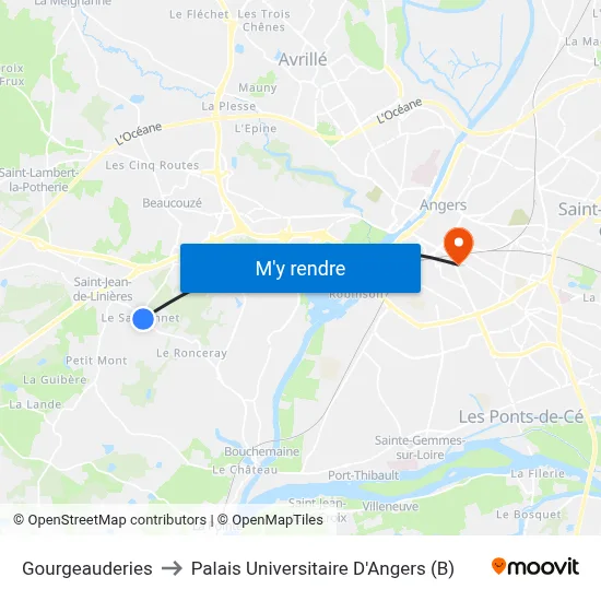 Gourgeauderies to Palais Universitaire D'Angers (B) map