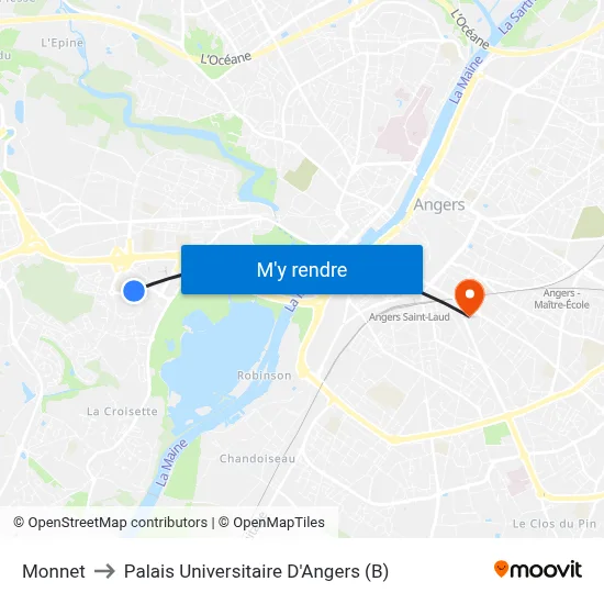 Monnet to Palais Universitaire D'Angers (B) map