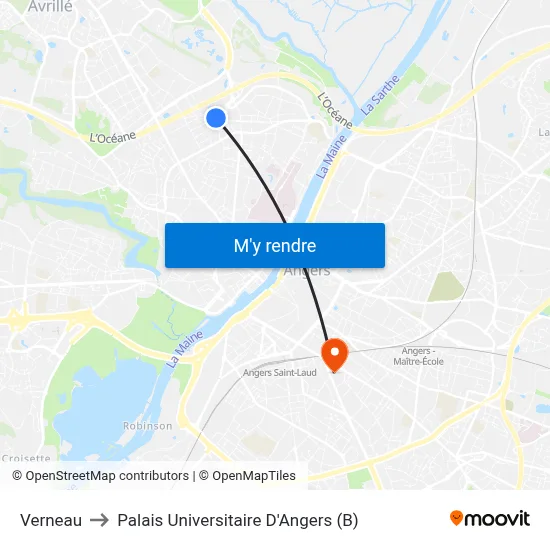 Verneau to Palais Universitaire D'Angers (B) map