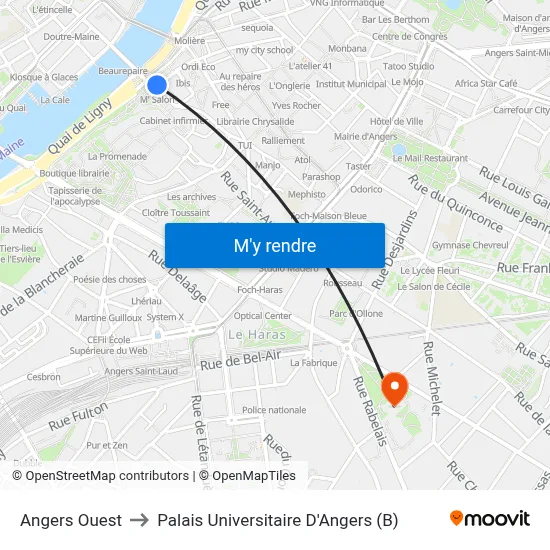 Angers Ouest to Palais Universitaire D'Angers (B) map