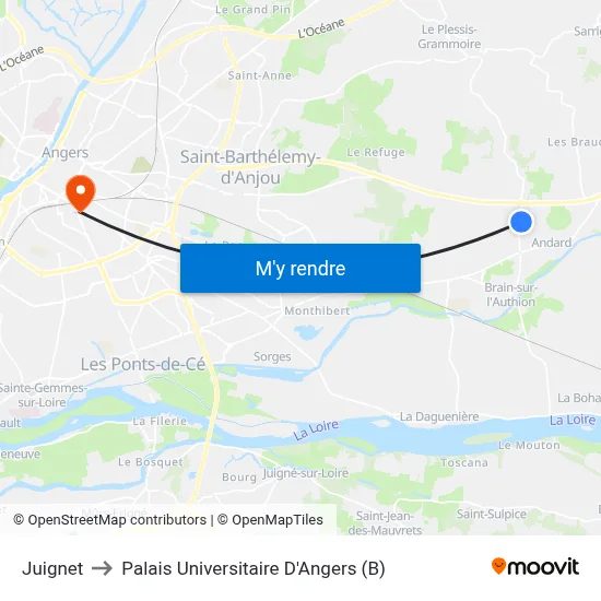 Juignet to Palais Universitaire D'Angers (B) map