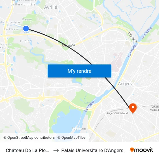 Château De La Plesse to Palais Universitaire D'Angers (B) map