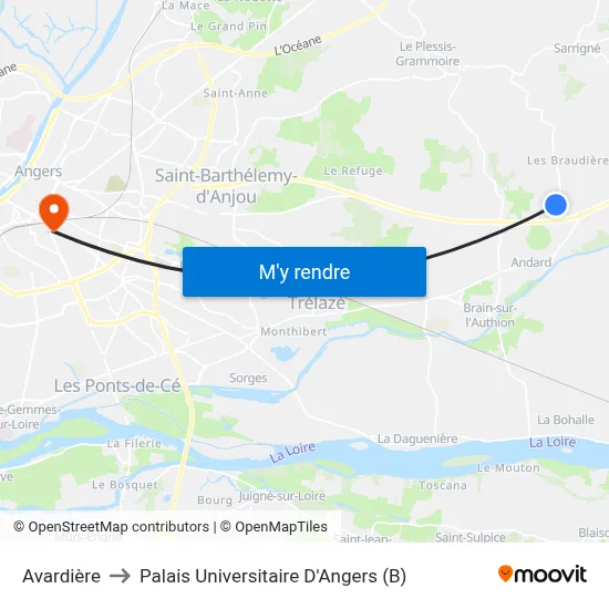 Avardière to Palais Universitaire D'Angers (B) map