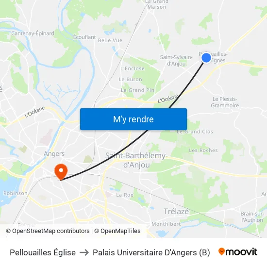 Pellouailles Église to Palais Universitaire D'Angers (B) map