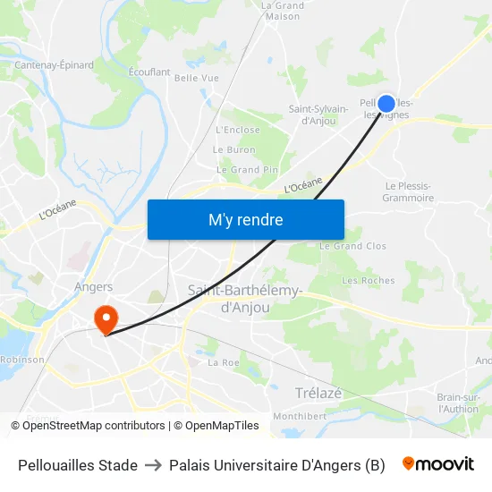 Bridonneau to Palais Universitaire D'Angers (B) map