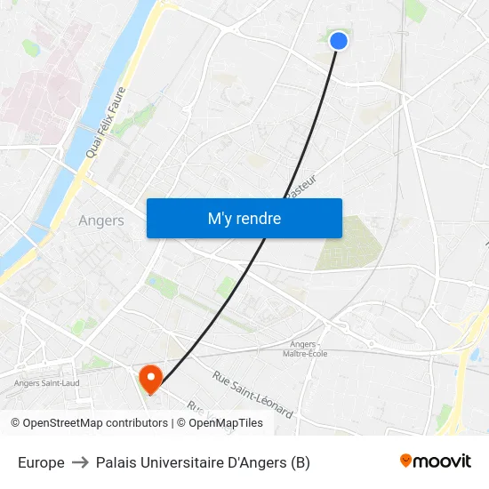 Europe to Palais Universitaire D'Angers (B) map