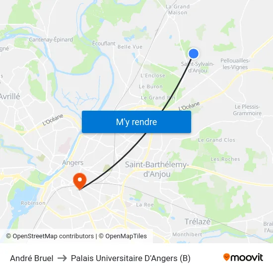 André Bruel to Palais Universitaire D'Angers (B) map