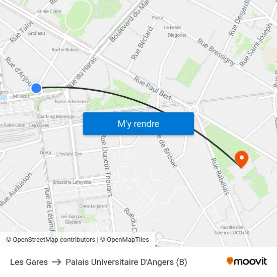 Les Gares to Palais Universitaire D'Angers (B) map