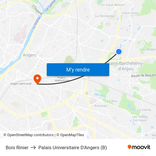 Bois Rinier to Palais Universitaire D'Angers (B) map