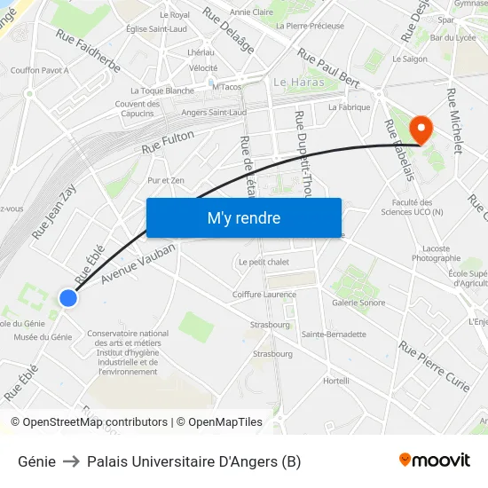 Génie to Palais Universitaire D'Angers (B) map