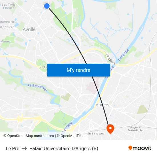 Le Pré to Palais Universitaire D'Angers (B) map