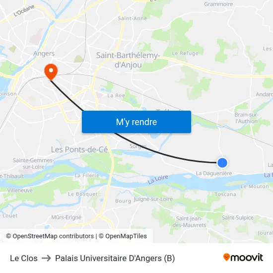 Le Clos to Palais Universitaire D'Angers (B) map
