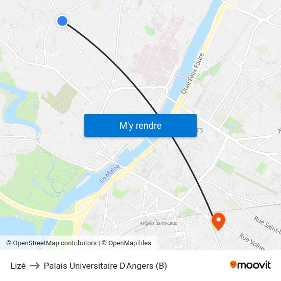 Lizé to Palais Universitaire D'Angers (B) map
