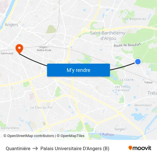 Quantinière to Palais Universitaire D'Angers (B) map