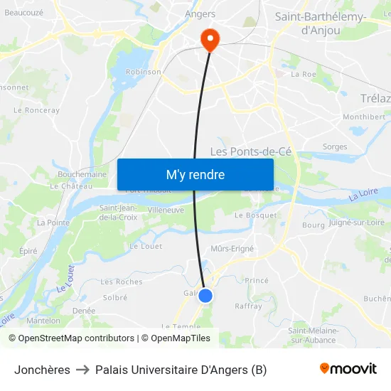 Jonchères to Palais Universitaire D'Angers (B) map