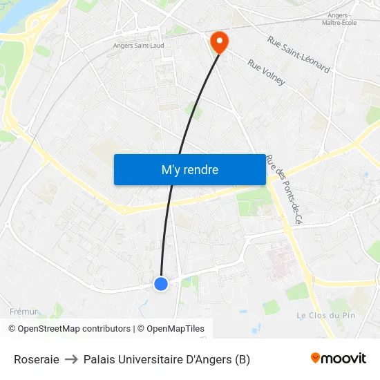 Roseraie to Palais Universitaire D'Angers (B) map