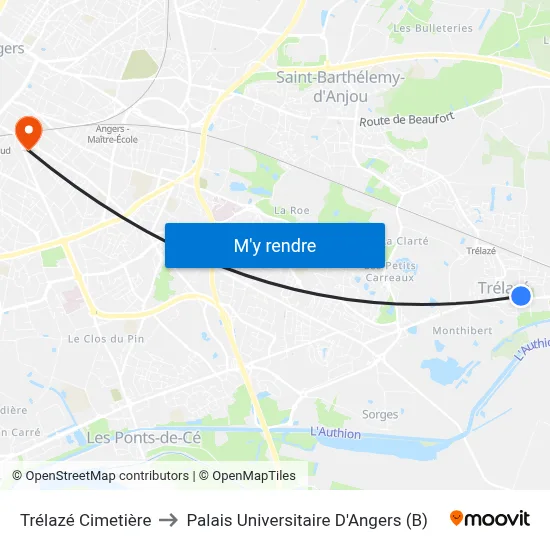 Trélazé Cimetière to Palais Universitaire D'Angers (B) map