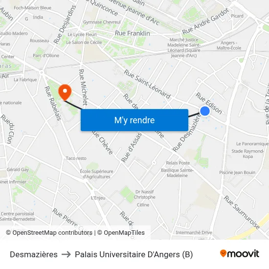 Desmazières to Palais Universitaire D'Angers (B) map
