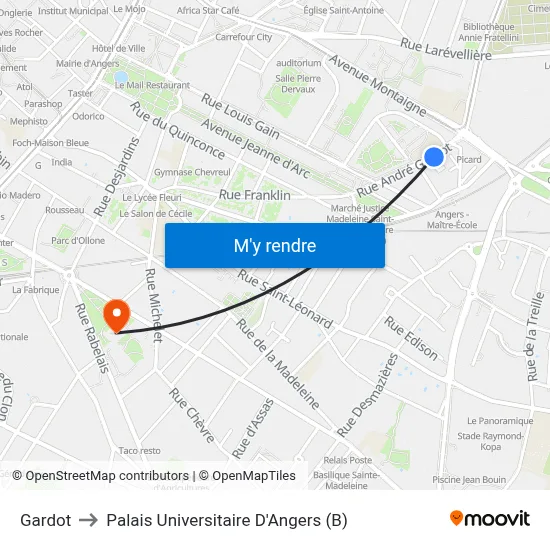 Gardot to Palais Universitaire D'Angers (B) map