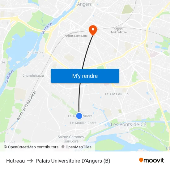 Hutreau to Palais Universitaire D'Angers (B) map