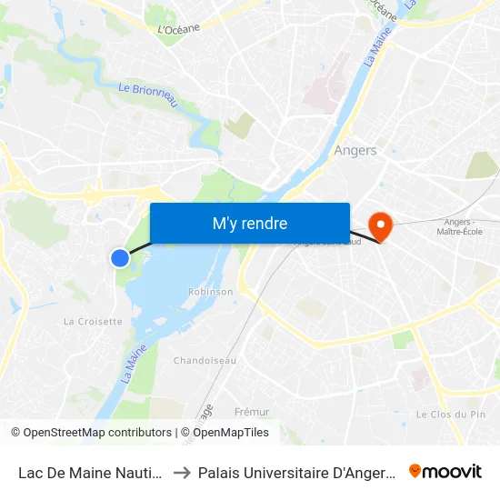 Lac De Maine Nautique to Palais Universitaire D'Angers (B) map