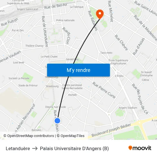 Letanduère to Palais Universitaire D'Angers (B) map